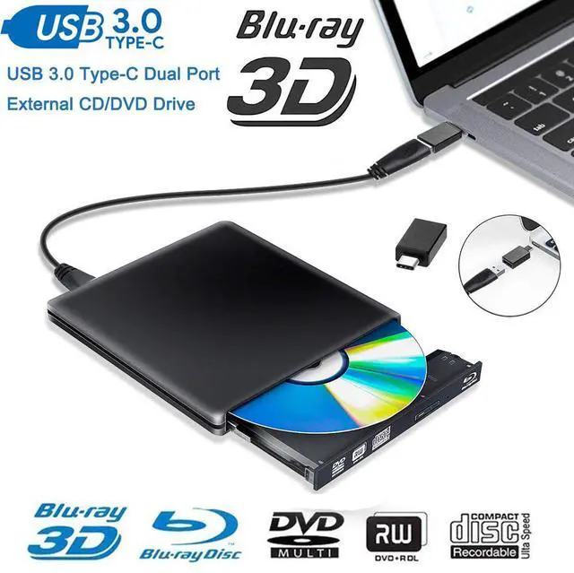 Main image of WRIARICH External 3D Blu Ray CD DVD Drive,Portable USB3.0/Type-C Blu Ray CD/DVD+/-RW Burner Player Writer Reader Rewriter for PC Netbook Laptop Desktop with Mac OS Windows XP/7/8/10/Vista-Black