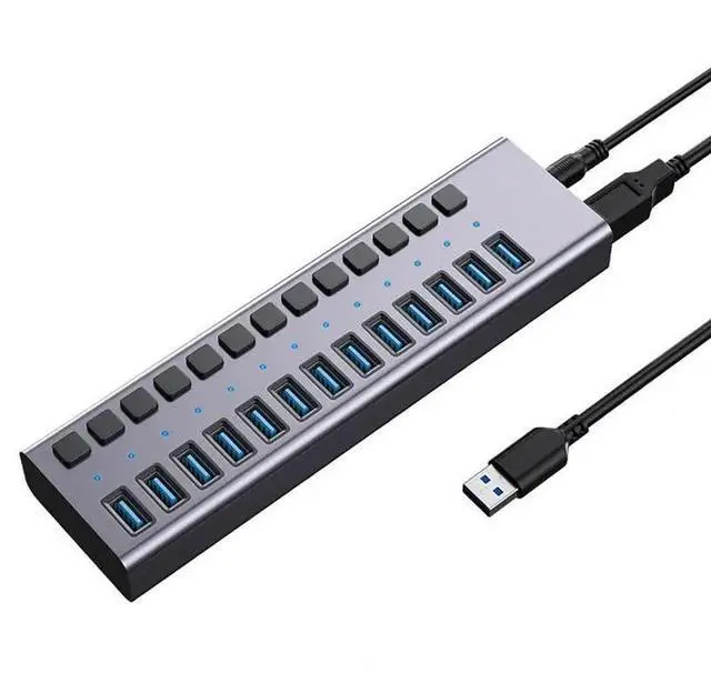 Main image of WRIARICH Powered USB Hub, 16 Port USB 3.0 Hub Splitter Portable Aluminum USB Data Hub Expander with Individual On/Off Switch and Universal 12V7.5A AC Adapter, 3.3ft USB 3.0 Cable (HS082-16U)
