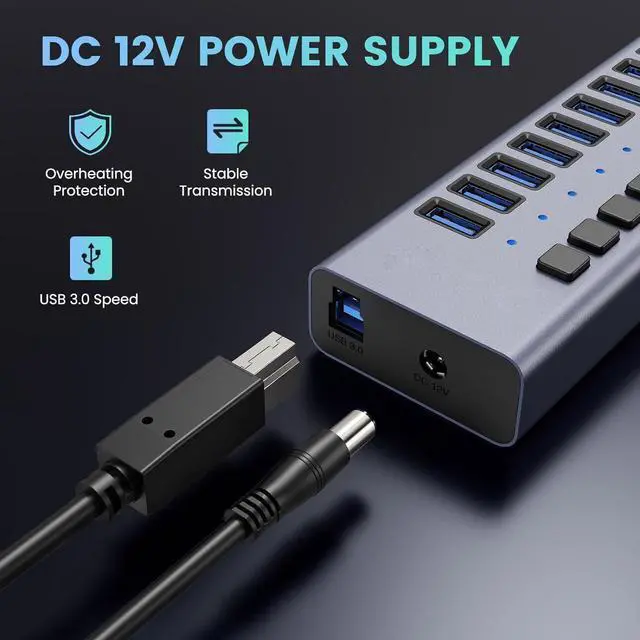 Alt view image 3 of 7 - WRIARICH Powered USB Hub, 16 Port USB 3.0 Hub Splitter Portable Aluminum USB Data Hub Expander with Individual On/Off Switch and Universal 12V7.5A AC Adapter, 3.3ft USB 3.0 Cable (HS082-16U)