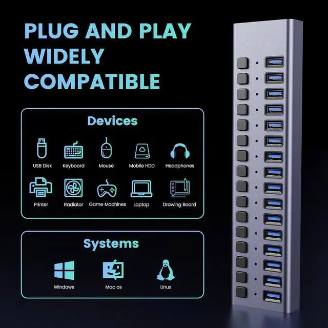 Alt view image 5 of 7 - WRIARICH Powered USB Hub, 16 Port USB 3.0 Hub Splitter Portable Aluminum USB Data Hub Expander with Individual On/Off Switch and Universal 12V7.5A AC Adapter, 3.3ft USB 3.0 Cable (HS082-16U)