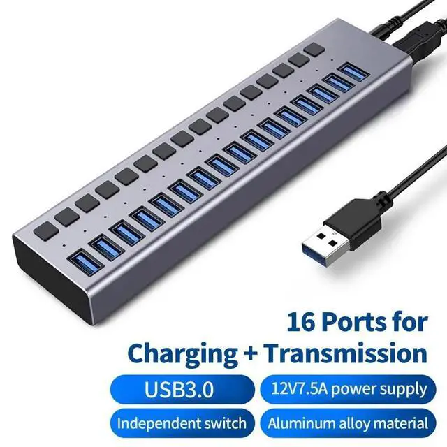 Main image of WRIARICH Powered USB Hub, 16-Port USB 3.0 Hub with 5Gbps 16 USB 3.0 Ports, Individual Switches and 12V7.5A Power Adapter, Aluminum USB Port Expander for Laptop/PC