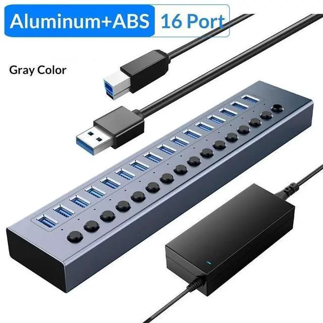 Main image of WRIARICH Powered USB Hub, 16-Port USB 3.0 Hub Splitter (16 USB 3.0 Data Ports + Charging Ports) with Individual LED On/Off Switches for USB Flash Drives, Mobile HDD, Printer, Camera and More