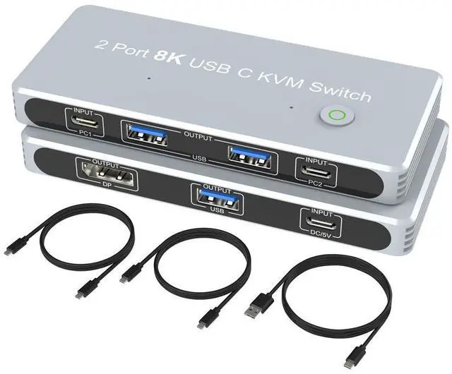 Main image of WRIARICH 8K USB-C KVM Switch DP1.4 2USB-C 2PC Input 1 DisplayPort Output 8K KVM 8K@60Hz 4K@144Hz with 3X USB2.0 Port 2 PC Sharing one USB Keyboard Mouse U disks