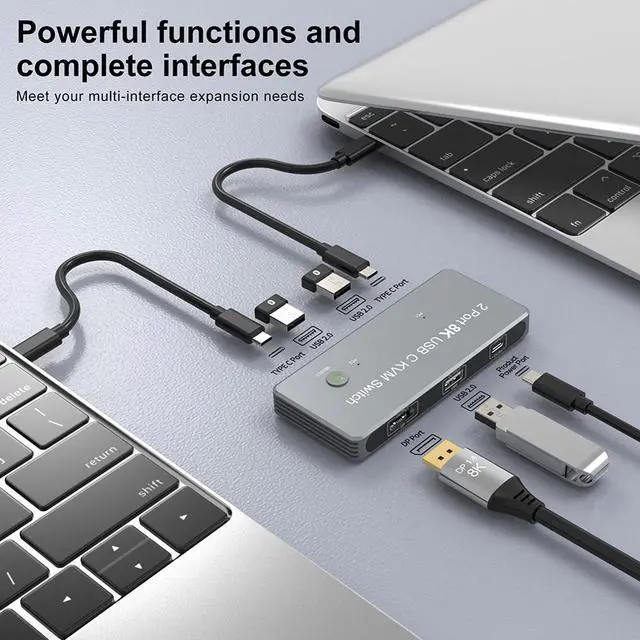 Alt view image 2 of 7 - WRIARICH USB-C 8K KVM Switch DP 1.4 2xUSB-C PC to One DisplayPort Monitors 8K@60Hz 4K@144Hz 3X USB2.0 Sharing Mouse Keyboard Printer 2in 4out Converter Compatible with Thunderbolt 3/4
