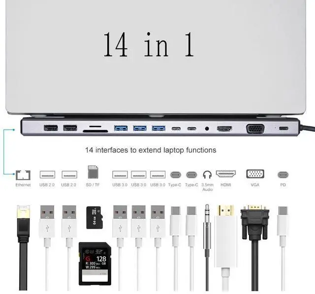 Main image of WRIARICH Display 14 in 1 USB C Hub with VGA HDMI & DP, PD3.0, Ethernet, SD TF Card Reader, 5 USB Port, Mic/Audio,Ethernet Type C Adapter Docking Station Compatible for MacBook Air Pro and More