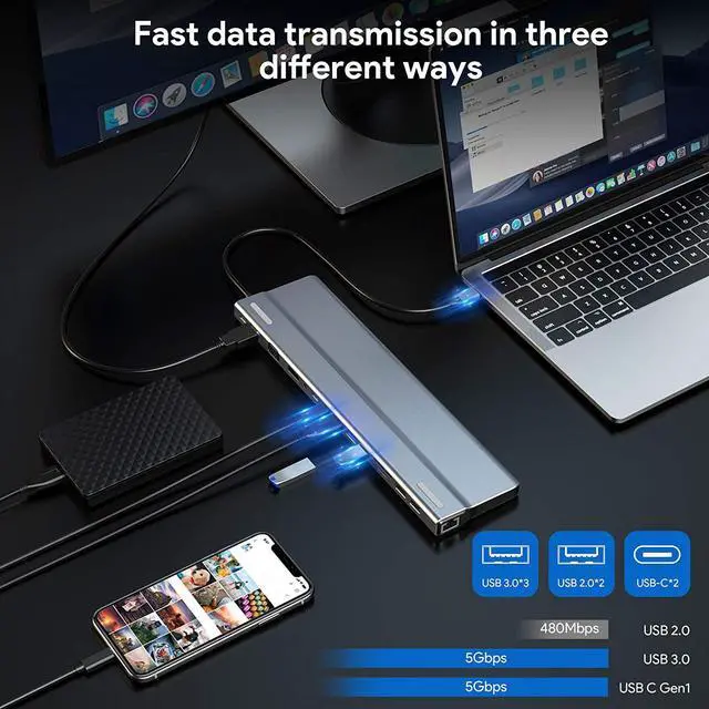 Alt view image 6 of 7 - WRIARICH Display 14 in 1 USB C Hub with VGA HDMI & DP, PD3.0, Ethernet, SD TF Card Reader, 5 USB Port, Mic/Audio,Ethernet Type C Adapter Docking Station Compatible for MacBook Air Pro and More