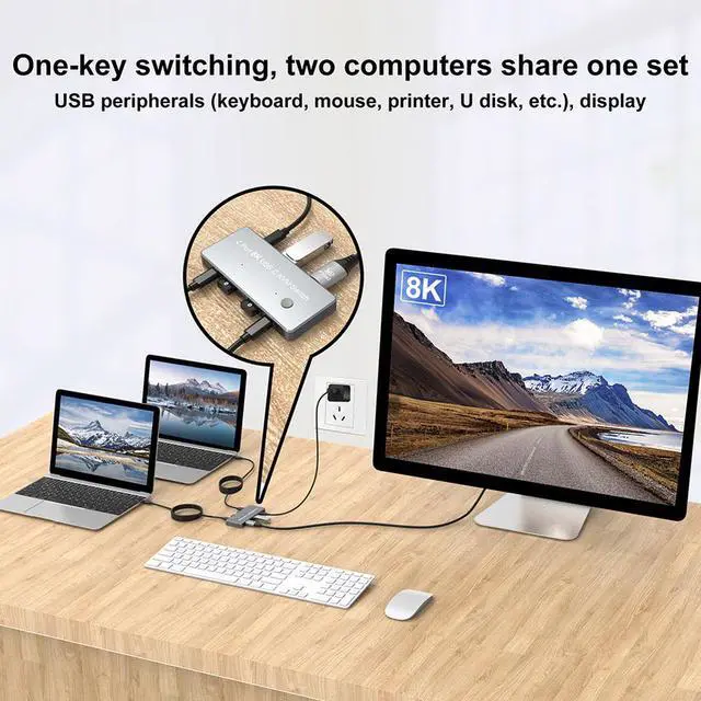 Alt view image 4 of 7 - WRIARICH 8K USB-C 8K KVM Switch,2PC Share One 8K DP 1.4 DisplayPort Monitor and USB Mouse Keyboard Printer Support 8K@60Hz 4K@144Hz, 2in 4out Video Converter