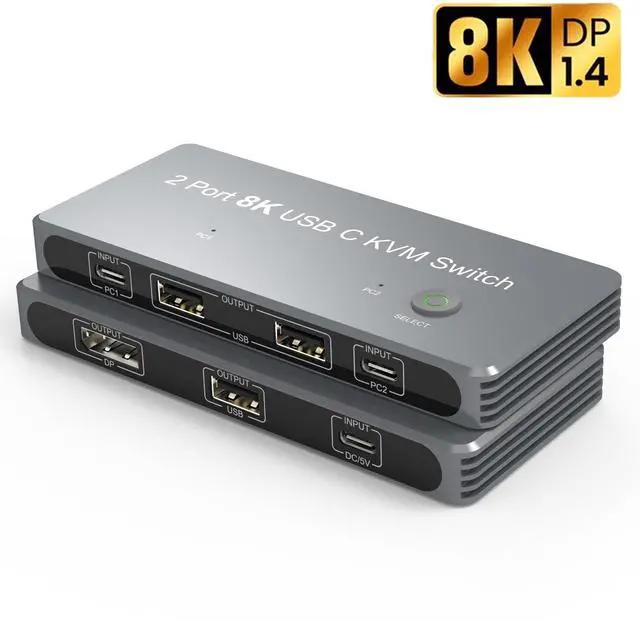 Main image of WRIARICH USB-C 8K KVM Switch 8K@60Hz 4K@144Hz DP 1.4 2xUSB-C PC to One DisplayPort Monitor with 3xUSB3.0 2 PCs Sharing one Set of Mouse Keyboard Printer 2in 4out Video Converter