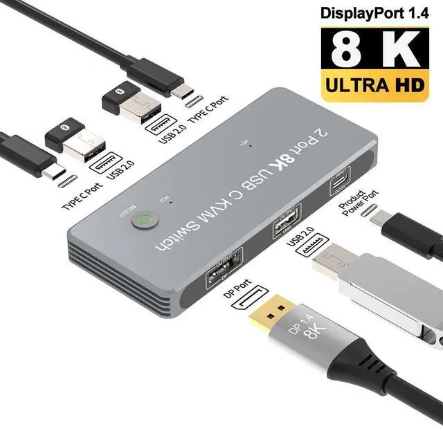 Main image of WRIARICH USB-C 8K KVM Switch DP1.4 2USB-C 2PC Input 1 DisplayPort Output 8K KVM 8K@60Hz 4K@144Hz 3X USB2.0 Sharing Mouse Keyboard Printer