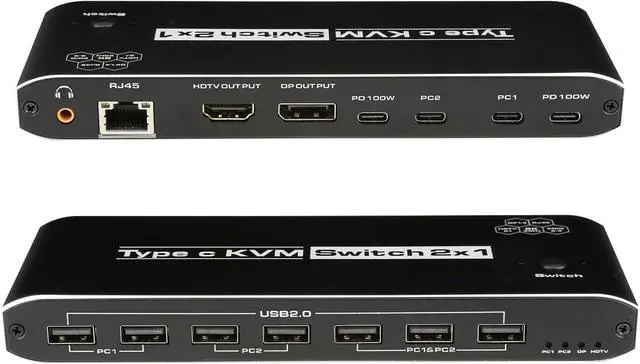 Main image of WRIARICH 8K@60Hz USB C KVM Switch 2 in 1 Out Box, with 2 Computers 1 Monitor, 2 PCs Share 1 Monitor and One Keyboard Mouse and 5 USB2.0 Port, 3.5mm Audio, RJ45 Network for Mac, Windows