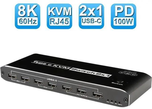 Main image of WRIARICH 8K@60Hz 4K@120Hz 2 in 1 Out USB-C KVM Switch with Audio,RJ45 for 2 Computers 1 Monitor, 2 PCs Share 1 Set of Keyboard, Mouse, And 5 Port USB Port for Mac, Windows