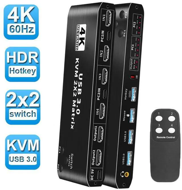 Main image of WRIARICH HDMI 2.0b Switch 4K 2X2 HDMI Matrix Switcher 2 Port Support 4K 60Hz HDCP 2.3 Ultra HD 3D For 2PC Share 2 Monitor and One Keyboard Mouse and two USB3.0 Port