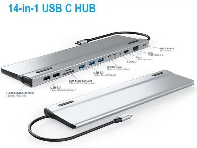 Main image of WRIARICH Display 14 in 1 USB C Hub with VGA HDMI & DP, PD3.0, Ethernet, SD TF Card Reader, 5 USB Port, Mic/Audio, Type C Adapter Docking Station Compatible for MacBook Air Pro and More
