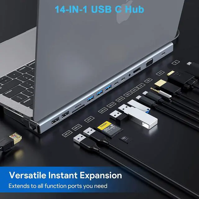 Alt view image 2 of 7 - WRIARICH Display 14 in 1 USB C Hub with VGA HDMI & DP, PD3.0, Ethernet, SD TF Card Reader, 5 USB Port, Mic/Audio, Type C Adapter Docking Station Compatible for MacBook Air Pro and More