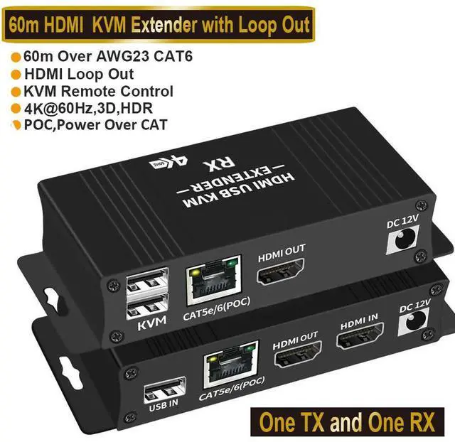Main image of WRIARICH 4K 60Hz HDMI KVM USB Extender Over Cat5e/6 196ft/60M, 2 USB 2.0 Ports, Zero-Latency, Plug and Play, No Driver, Supports All Operating System, Keyboard and Mouse USB Over Ethernet
