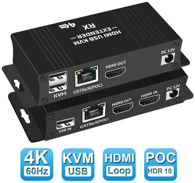 Main image of WRIARICH 4K HDMI KVM USB Extender Over IP Over Ethernet 4K 60Hz HD Video Over Cat5e/6 Ethernet Cable 60m (196ft) for Mouse and Keyboard Control Remote Signals