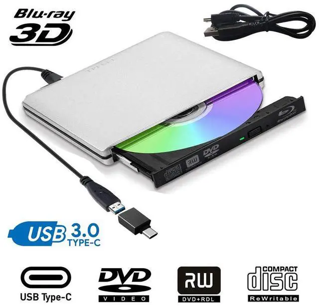 Main image of WRIARICH Aluminum External Blu Ray CD DVD Drive 3D, USB 3.0 and Type USB C Bluray DVD CD RW Row Burner Player Compatible for MacBook OS Windows 7 8 10 PC iMac,Silver