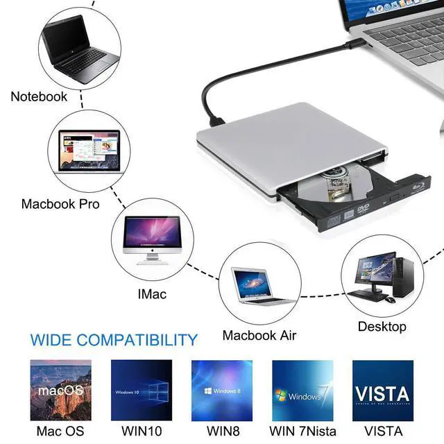 Alt view image 3 of 7 - WRIARICH Aluminum External Blu-Ray DVD Drive for Laptop, USB 3.0 Portable Optical Slim CD/DVD/Blu-Ray Burner Player RW Drive For Desktop PC Windows XP/ 2003/ Vista/ 7/8, Linux, Mac os System ,Silver