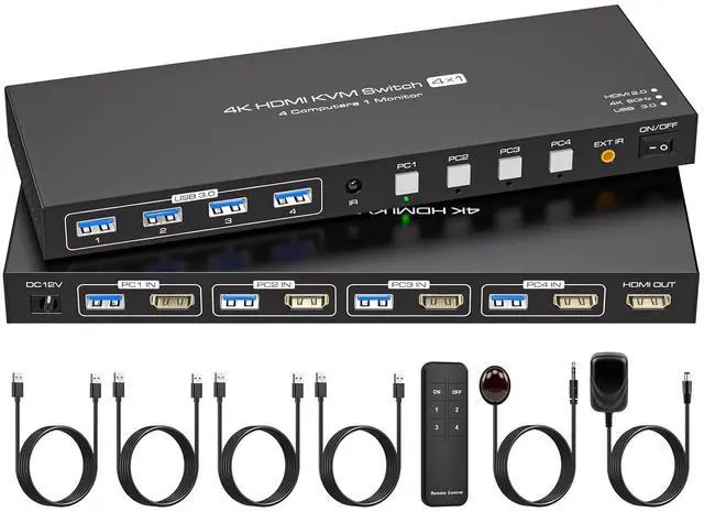 Main image of WRIARICH USB 3.0 KVM Switch HDMI 2.0 for 4 Computers with 4K@60Hz / 2K@120Hz Display Port Video & 4x 5Gbps USB Ports, FreeSync, G-SYNC and HDR Support - Wired Controller