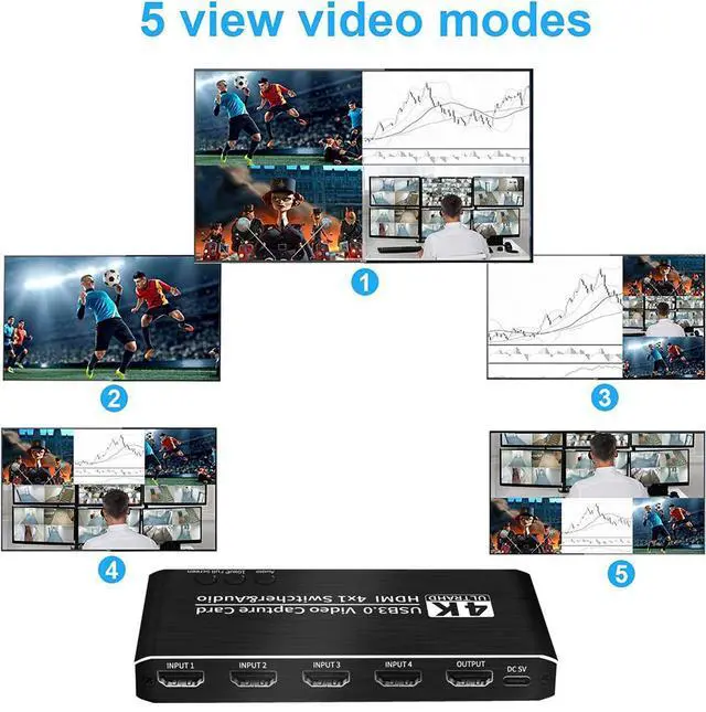 Alt view image 6 of 7 - WRIARICH 4K@30Hz 4x1 HDMI Video Capture Card Seamless Switch with Mic & 3.5mm Audio 4K 30fps Board Game Capture Card USB3.0 Recorder Box Device for Live Streaming Video Recording Loop Out