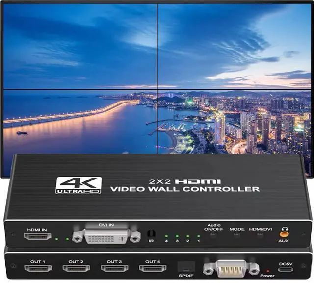 Main image of WRIARICH 4 Channel Video Wall Controller 2x2 HDMI DVI USB Video Processor with RS232 Control for 4 TV Processor Images Stitching Video Wall Processor