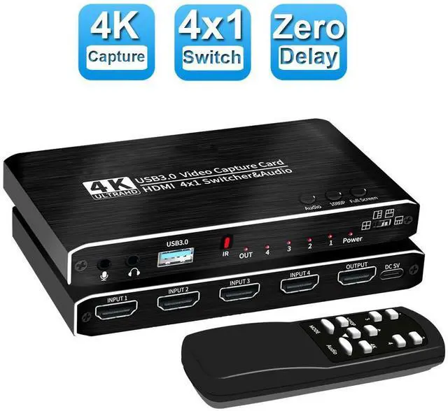Main image of WRIARICH 4x1 4K@30Hz Video Capture Device Video Capture Card 4K 30fps HDMI-compatible to HDMI&USB3.0 Seamless Switch with Mic & 3.5mm Audio & IR for Game Record Live Streaming Broadcast
