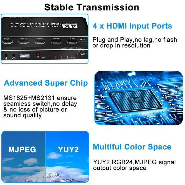 Alt view image 7 of 7 - WRIARICH Portable 4K@30Hz 4x1 HDMI-compatible to HDMI & USB3.0 4K 30fps HD Video Capture Card Seamless Switch with Mic & 3.5mm Audio Durable Audio Converter Live Recording Box