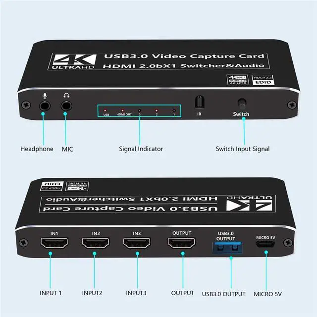 Alt view image 2 of 7 - WRIARICH 3X1 Capture Card 4K 60fps, 4K@60Hz HDMI Video Game Capture Card with Microphone & HDMI Loop-Out, Audio out Record Broadcast Live Streaming Compatible with Nintendo/PS4/PS5/Xbox One