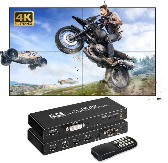 Main image of WRIARICH 4K 2x2 Video Wall Controller Splitter (2023Version) 4X1 Quad viewer 1 HDMI/DVI Input 4 HDMI Output TV Processor Images Stitching Video Wall Processor with RS232 Control