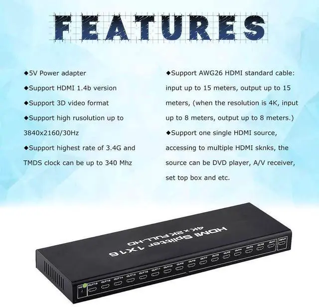 Alt view image 5 of 7 - WRIARICH HDMI Splitter 1 in 16 Out 4K, 16 Port HDMI Splitter Powered Video Splitter 16 Outputs w/ AC Adapter, Duplicate/Mirror Screens for Fire Stick/Roku/DirecTV/Cable Box/Security Cameras