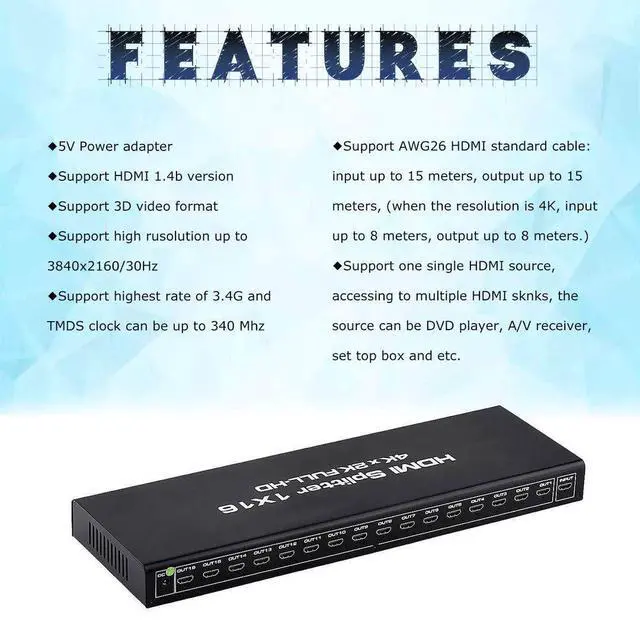 Alt view image 5 of 7 - WRIARICH HDMI Splitter 1 in 16 Out V1.4b Powered HDMI Video Splitter with AC Adaptor Duplicate/Mirror Screen Monitor Supports Ultra HD 1080P 2K x4K@30Hz and 3D Resolutions (1 Input to 16 Outputs)