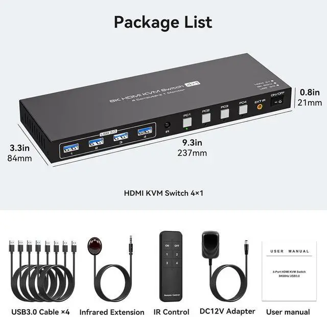 Alt view image 7 of 7 - WRIARICH USB 3.0 KVM Switch HDMI 2.1 for 4 Computers with 8K@60Hz / 4K@120Hz / 4K@144Hz Display Port Video & 4x 5Gbps USB Ports, FreeSync, G-SYNC and HDR Support - Wired Controller