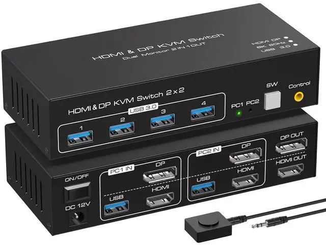 Main image of WRIARICH 8K KVM Switch HDMI DisplayPort 2 Monitors 2 Computers Support 8K@60Hz KVM Switcher PC Display Share 2 Monitors and 4 USB 3.0 Support Copy and Extend Mode