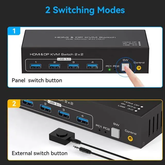 Alt view image 6 of 7 - WRIARICH 8K KVM Switch HDMI DisplayPort 2 Monitors 2 Computers Support 8K@60Hz KVM Switcher PC Display Share 2 Monitors and 4 USB 3.0 Support Copy and Extend Mode