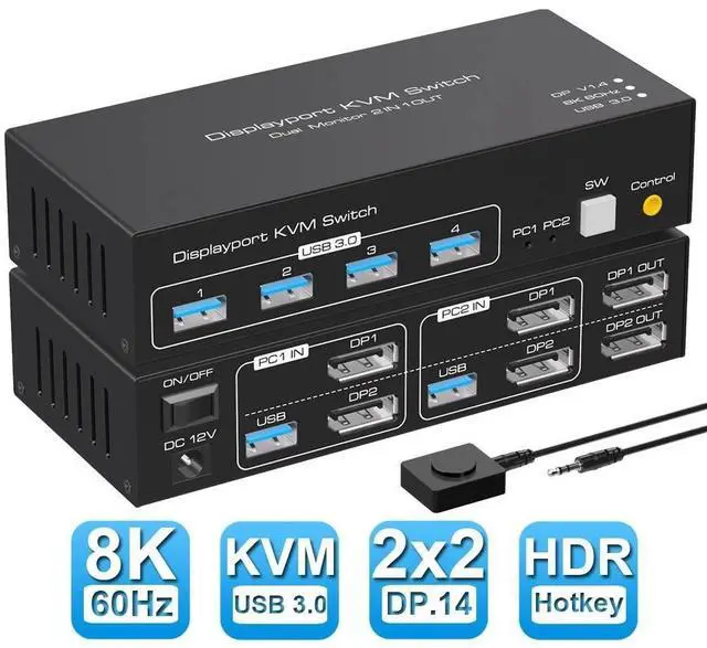 Main image of WRIARICH 8K Dual Monitor DP KVM Switch 8K@60Hz, USB DisplayPort Extended Display Switcher for 2 Computers Share 2 Monitors and 4 USB 3.0 Hub,Desktop Controller and USB Cables Included