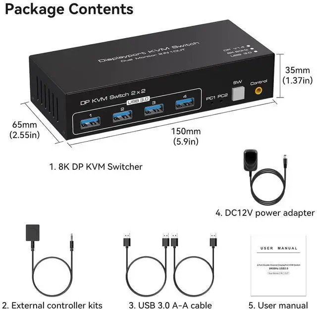 Alt view image 7 of 7 - WRIARICH 8K Dual Monitor DP KVM Switch 8K@60Hz, USB DisplayPort Extended Display Switcher for 2 Computers Share 2 Monitors and 4 USB 3.0 Hub,Desktop Controller and USB Cables Included