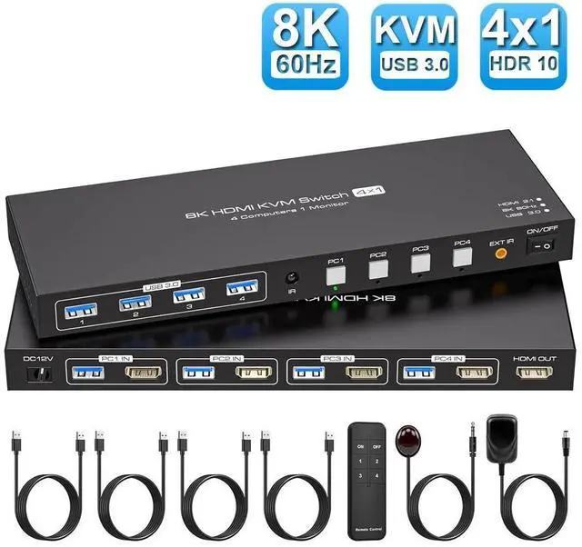 Main image of WRIARICH 4 Port HDMI 4x1 HDMI KVM Switcher Switch HDMI 2.1 8K@60Hz Supports 4 Ports USB 3.0 Devices Control up to 4 HDMI Port Device with Wired Controller