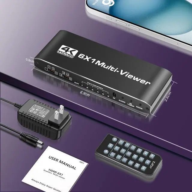 Alt view image 7 of 7 - WRIARICH HDMI Multiviewer Switch 6x1 with PIP, Quad Multi Viewer Seamless Switcher 6 in 1 Out with IR Remote,Supports 1080p 60Hz,8 Viewing Modes,Downscaler for PS5/4/Xbox/PC/DVD/Security Camera More