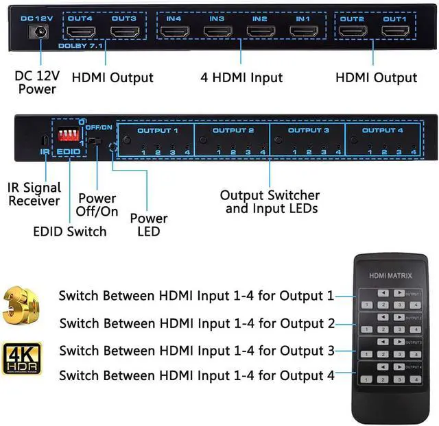 Alt view image 2 of 7 - WRIARICH 4K HDMI Matrix Switch 4 X 4 ,4 in 4 Out Video Switcher Splitter,Support EDID Extractor with IR Remote Controller,Support 4K@60Hz 3D 18.5Gbps, HDMI 2.0b, HDCP 2.2,HDR10
