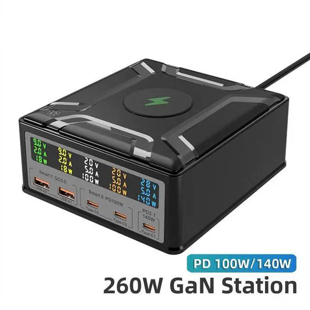 Main image of WRIARICH 6-in-1 GaN USB C Charging Station(260W Max), 15W Wireless Magnetic Fast Desk Charger Adapter, 2 USB-A, 3 USB-C, LCD Display Charging for Mobile Phones, Tablets, Home Office