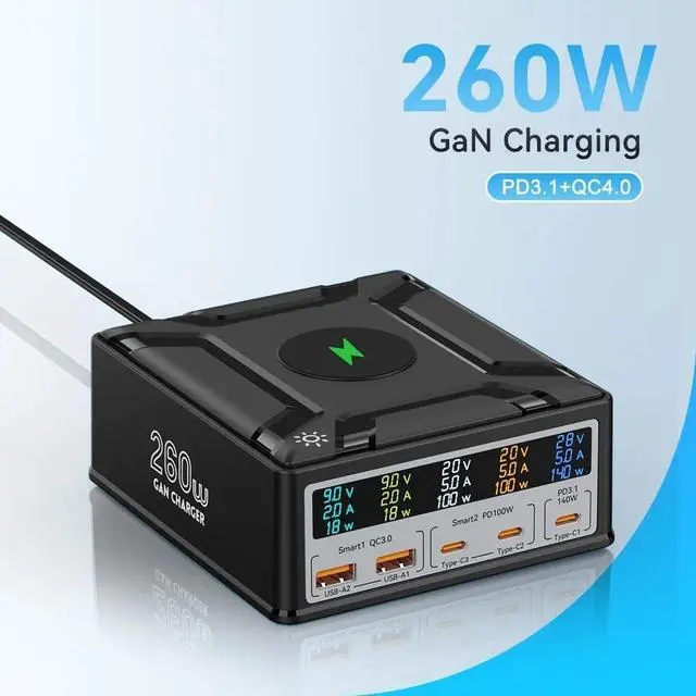 Main image of WRIARICH 260W GaN Charging Station for Multiple Devices, 260W 5 Port USB Fast Charging Station with Wireless Fast Charging, Compatible with iPhone, iPad, Tablets and Cell Phone