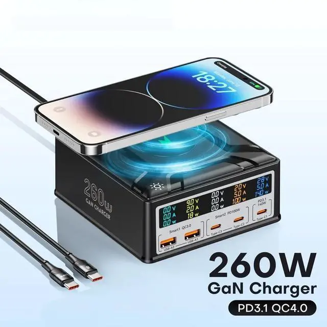 Main image of WRIARICH GaN Charging Station for Multiple Devices, 260W 5-Ports Include 3USB-C + 2QC3.0 Ports + Wireless Fast Charging for Apple, Fit for all Mobile Phones Brand