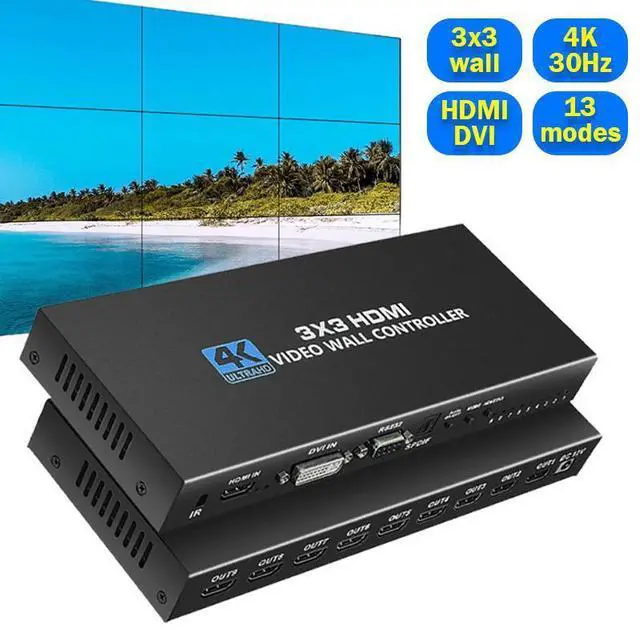 Main image of 9 Channel Video Wall Controller 3x3 HDMI DVI USB Video Processor with RS232 Control for 9 TV Splicing Display & 13 Display Modes -1x1,1x2, 1x3, 1x4, 2x1, 2x2, 2x3, 2x4, 3x1, 3x2, 3x3, 4x1, 4x2