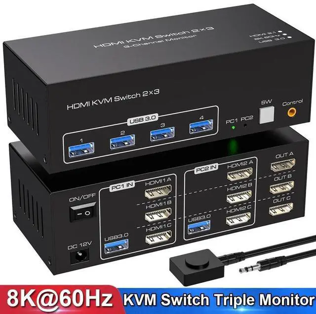 Main image of 3port HDMI Triple Monitor KVM Switch 3 Monitors 2 Computers 8K@60Hz USB 3.0 KVM Switches for 2 PC or Laptops Share 1 Set of Keyboard Mouse Printer and Scanner Support Extended & Duplicate Mode