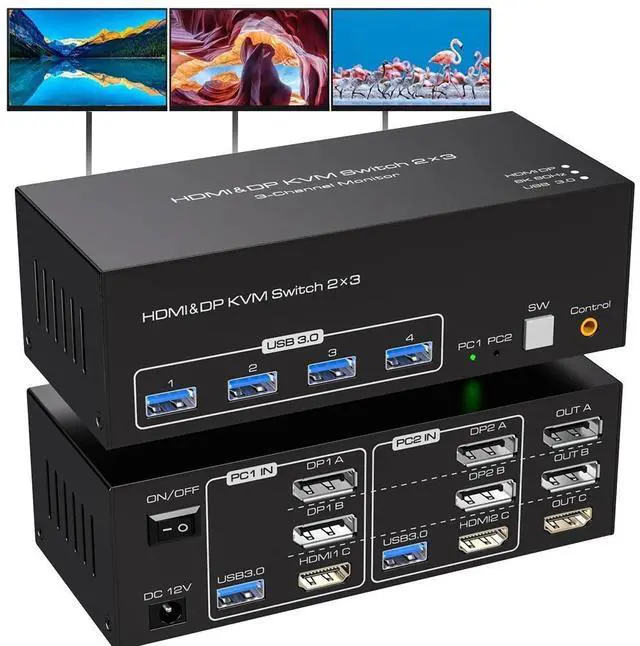 Main image of WRIARICH 8K@60Hz HDMI+2 Displayport Triple Monitor kvm Switch 3 Monitors 2 Computers 4K@120Hz USB 3.0 Extended Display HDMI DP KVM switcher with 4 USB Ports and Wired Controller