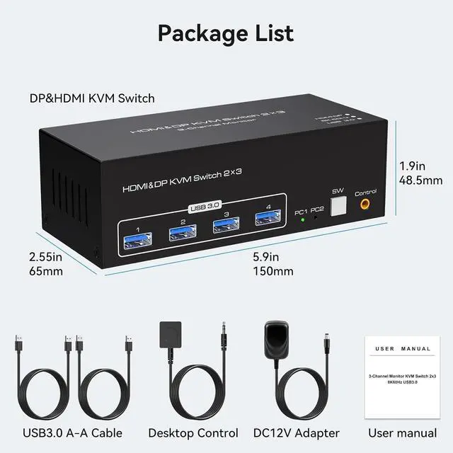 Alt view image 7 of 7 - WRIARICH 8K 2DP+HDMI KVM Switch 3 Monitors 2 Computers Support 8K@60Hz 4K@120Hz Displayport HDMI KVM Switcher PC Display Share 3 Monitors and 4 USB 3.0 Support Copy and Extend Mode