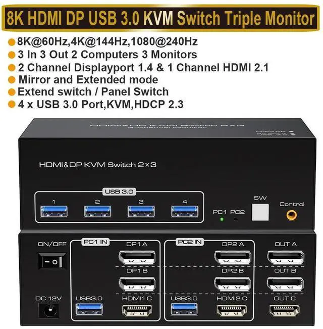 Main image of WRIARICH 8K 2DP+HDMI KVM Switch 3 Monitors 2 Computers Support 8K@60Hz 4K@120Hz Displayport HDMI KVM Switcher PC Display Share 3 Monitors and 4 USB 3.0 Support Copy and Extend Mode