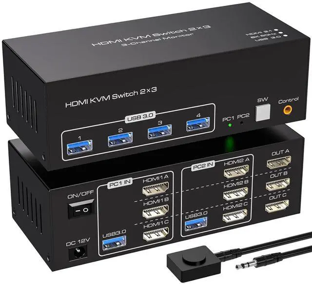 Main image of WRIARICH Triple Monitor HDMI KVM Switch HDMI 3 Port 8K@60Hz, USB HDMI Extended Display Switcher for 2 Computers Share 3 Monitors and 4 USB 3.0 Hub,Desktop Controller and USB HDMI Cables Included