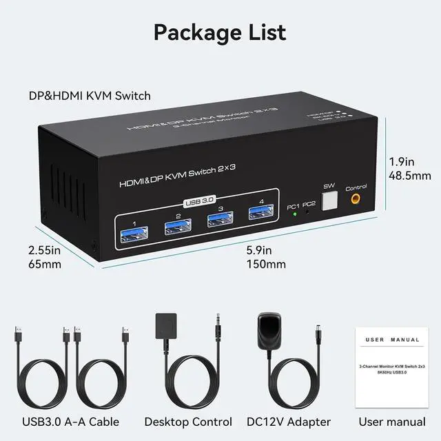 Alt view image 7 of 7 - WRIARICH Triple Monitor HDMI and 2 Displayport KVM Switch 2DP + HDMI 8K@60Hz, USB HDMI Displayport Extended Display Switcher for 2 Computers Share 3 Monitors and 4 USB 3.0 Hub,Desktop Controller