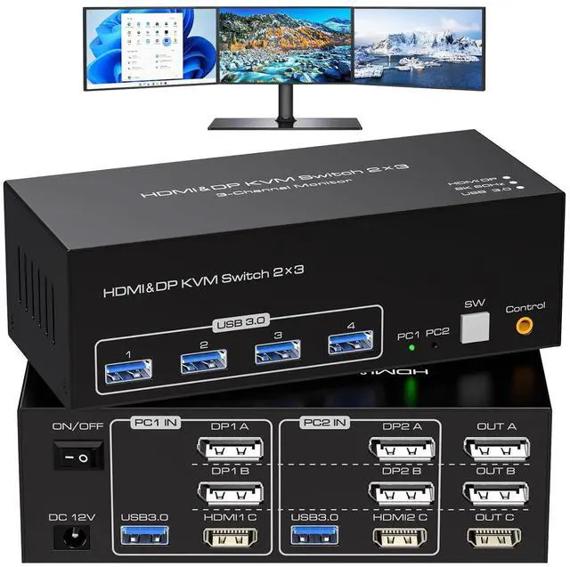 Main image of WRIARICH Triple Monitor HDMI and 2 Displayport KVM Switch 2DP + HDMI 8K@60Hz, USB HDMI Displayport Extended Display Switcher for 2 Computers Share 3 Monitors and 4 USB 3.0 Hub,Desktop Controller